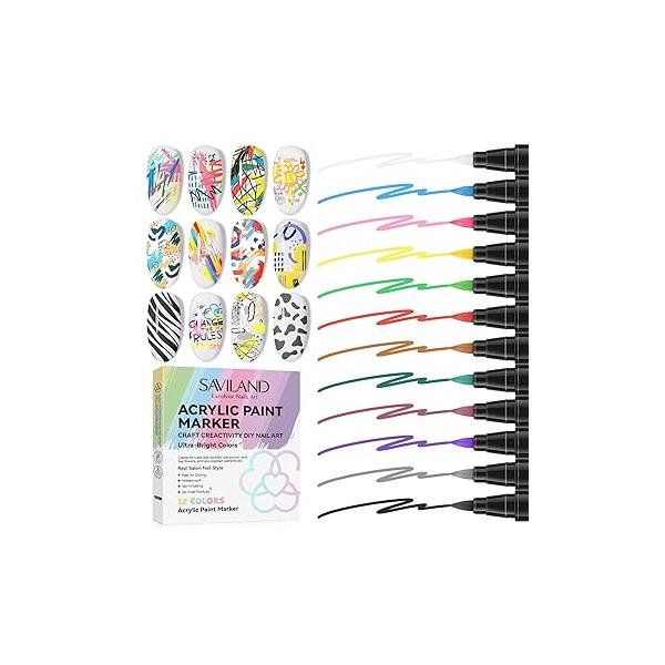 Saviland 12 Colors Nail Art Pens Set - 3D Polish Acrylic Paint Markers for Drawing Painting Point Dotting Liner Pen Manicure Tools Design Kit Home Salon DIY