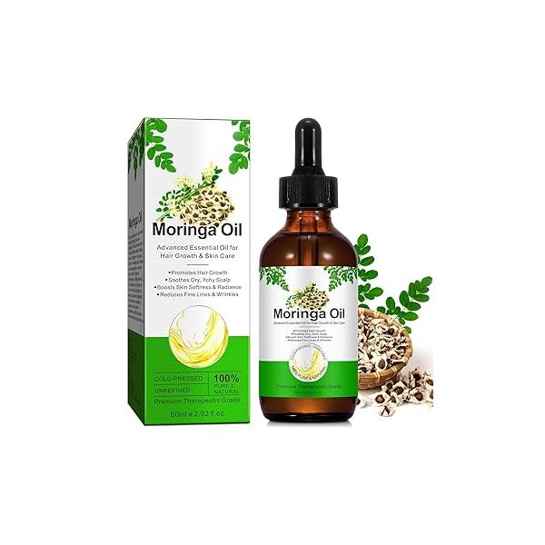Moringa Oil for Hair 2.02 fl.oz, 100% Natural Premium Organic Cold-Pressed Glass Bottle Oil, Seed Face, & Body Care, Anti-Aging, Nourish Hair, Scalp Massage