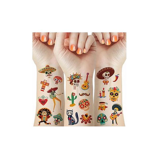 65 Pieces Mexican Day Of The Dead Temporary Tattoos for Kids, Sugar Skull Guitar Floral Skeleton Cactus Tattoo Stickers Halloween Decorations Dia de Los Festival Carnival Party Favor Supplies