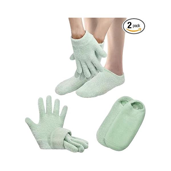 Moisturizing Socks and Gloves Overnight, Gel for Dry Cracked Feet Women & Hands Spa Treatment, Lining Infused with Essential Oils Vitamins(Green)