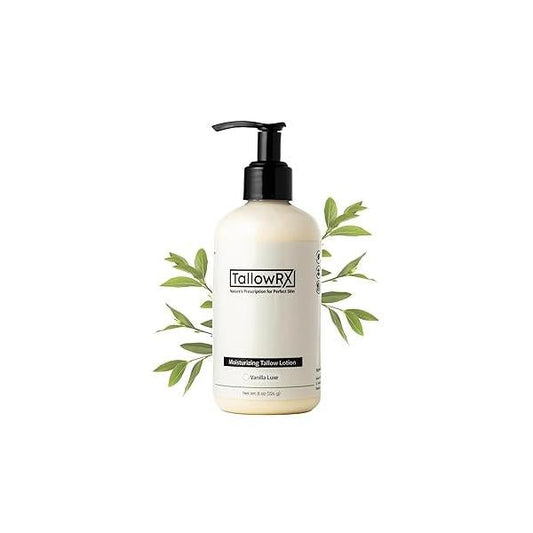 Beef Tallow Lotion for Skin, Face & Body - Luxurious Moisturizer with Grass Fed Tallow, Organic Aloe, Vitamin E Arrowroot (8 oz, Vanilla)