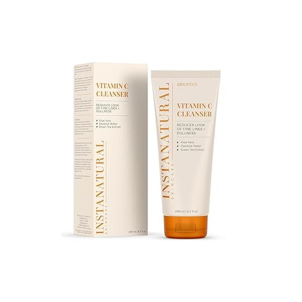 InstaNatural Vitamin C Cleanser Face Wash, Brightens and Reduces Signs of Aging, Fine Lines Uneven Texture, with Coconut Water Aloe Vera, 6.7 FL Oz