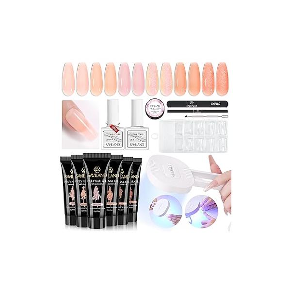 SAVILAND Poly Gel Nail Kit - 6 Colors Polygel with U V Light Purple Pink Nails Extension Slip Solution Tools All-in-1 Manicure Starter for Home DIY Set