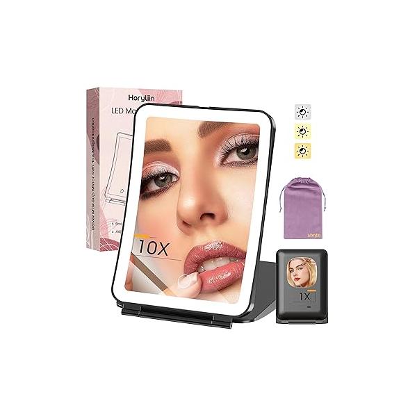 Travel Makeup Mirror with Lights and Magnification, 10X/1X Magnifying Vanity 3 Colors & Brightness Adjustable, 2000 mAh Rechargeable Lighted Compact Mirror, Women Gift(Pink)