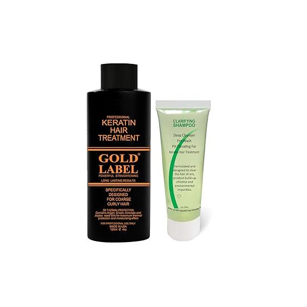 GOLD LABEL Brazilian Keratin Blowout Hair Treatment Super Enhanced Winning Formula All Types & Colors Incl Blondes, Bleached, Coarse, Curly, Black African, Dominican (4oz Kit)