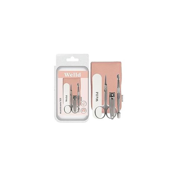 Welld Hand Manicure Kit, Nail Clipper, Pusher, Fingernail Cleaner, Grooming Scissors, Compact File, Pouch, Stainless Steel, Travel Friendly, Take To Go, For Men & Women, 5 Piece Set