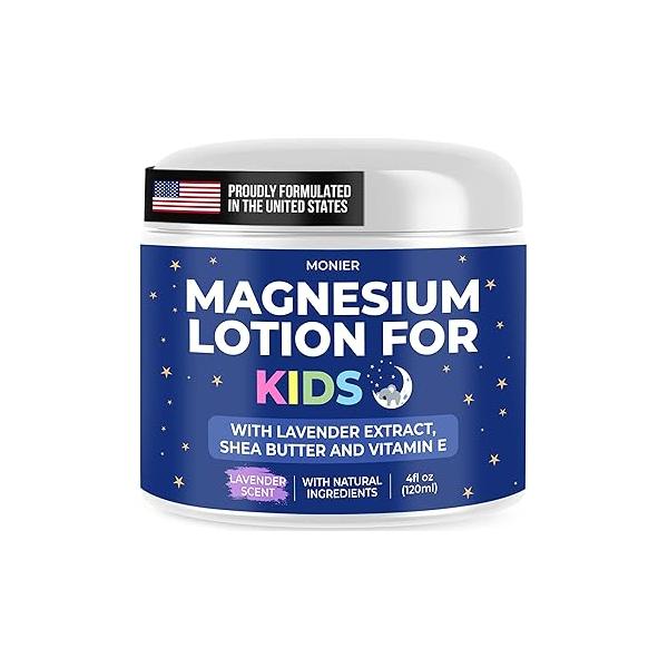 MONIER Magnesium Lotion for Kids - Relaxing Cream with Lavender, Shea Butter, Aloe Vera 100% Natural Ingredients (4 oz, Unscented)