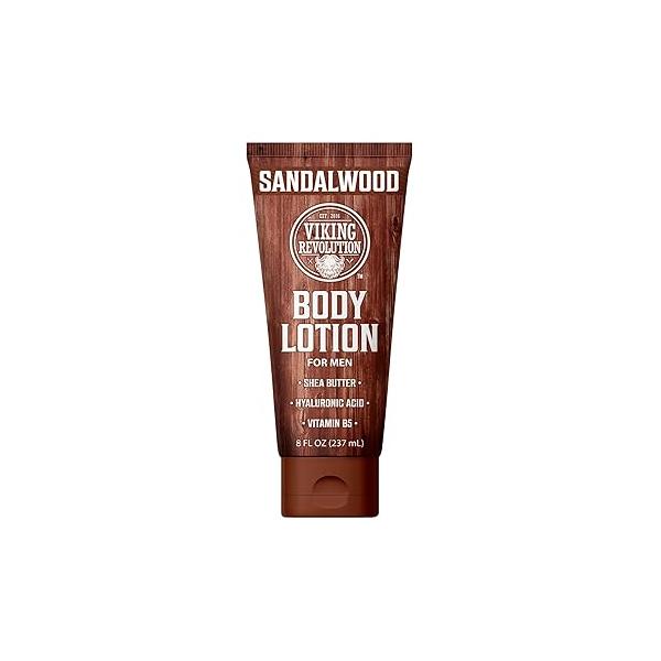 Viking Revolution Sandalwood Body Lotion for Men - Mens Dry Skin with Shea Butter, Hyaluronic Acid and Vitamin B5 Nourishing Hydrated Smooth (8oz, 1 Pack)