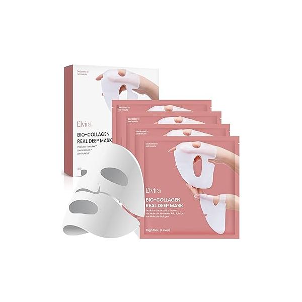 Elvira Bio-Collagen Face Mask - Deep Hydrating Overnight Mask, Korean Skincare, Facial Treatments & Masks for Women Firming and Moisturizing, 4-Pack