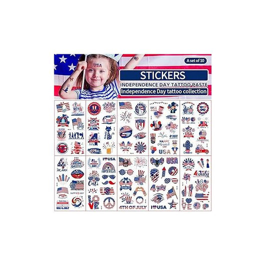 4th of July Independence Day Tattoo Sticker American Flag USA Temporary Tattoos Waterproof Face Body Arm Patriotic Memorial for Child Adult Party Decor (10 Sheets, 68 * 120mm/2.68/4.73in)