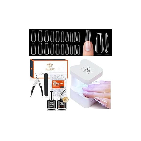 modelones Gel Nail Kit, Fake Nails Long Coffin, 9-in-One Glue Prep Dehydrator & Portable Mini U V Light Acrylic Clipper, 500Pcs Coffin Tips for Extension Kit DIY Salon Home Gifts Women