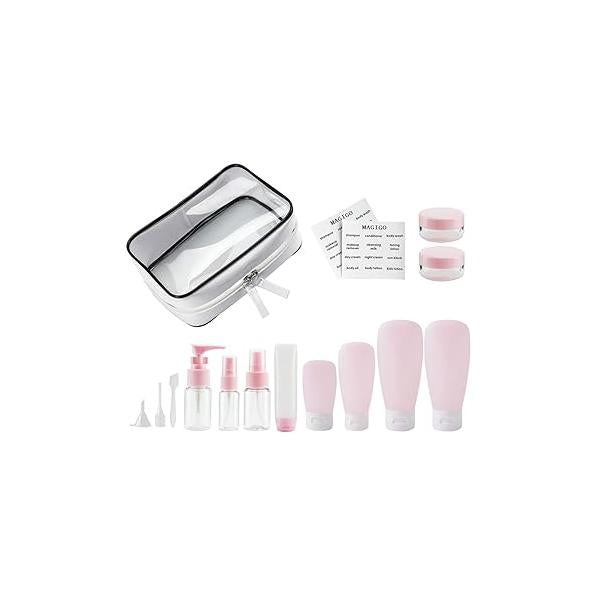 Pink Toiletries Leak Proof Travel Bottle Set (16 Pack), TSA Approved Airline Carry-On with Clear Bags for Women