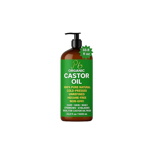 Organic Castor Oil - Bulk Size 33.8 fl oz | 100% Pure, Cold-Pressed, Hexane-Free, Unrefined For Hair Growth, Eyelashes, Eyebrows, Skin Moisture & Packs Non-GMO, Vegan
