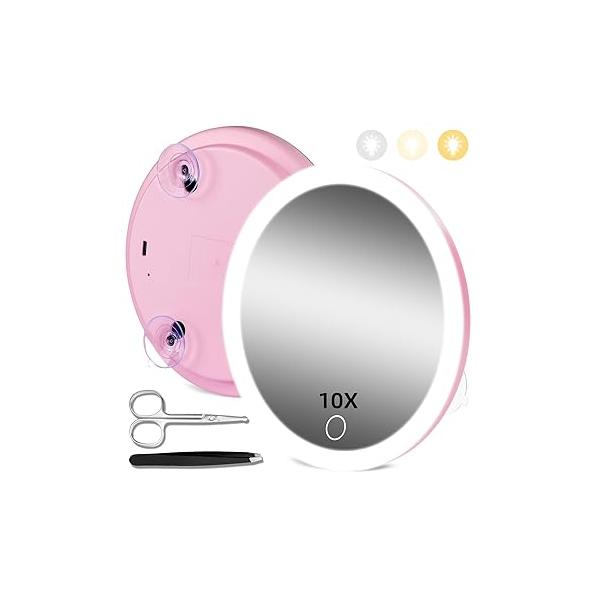 10X Magnifying Mirror with Lights, Magnified 3 Color Lights Adjustable Brightness, Rechargeable 6inch Travel Magnification Suction Cups - Includes Tweezers & Scissors