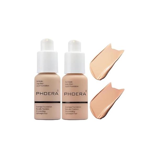 PHOERA Foundation,Flawless Soft Matte Oil Control Liquid Foundation Full Coverage Face Makeup. (102# Nude)