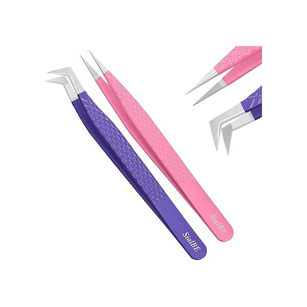 Fiber Tip Lash Tweezers-SialBE Diamond Grip Eyelash Tweezers, Straight and L-Shape Tweezers for Extensions, 2 Pcs Stainless Steel Extension For Experts Personal Use