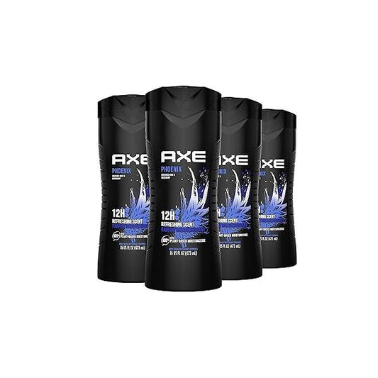 AXE Body Wash Phoenix 12h Refreshing Scent Crushed Mint & Rosemary 4 count Men's with 100% Plant-Based Moisturizers 16 oz
