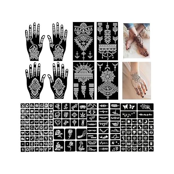 Pack of 12 Henna Temporary Tattoo Stencil Kit - 145Pcs Glitter Airbrush Sticker Indian Arabian Black Temp for Women Kids