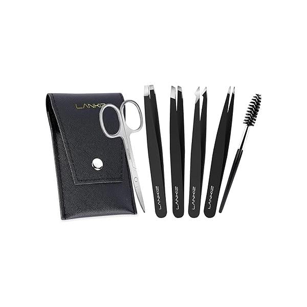 LANKIZ Tweezer Set, 6 Pcs Eyebrows Tweezers Set with Travel Case Professional Stainless Steel for Women & Men, Great Precision Eyebrow, Ingrown Hair, Facial Hair Removal - Black