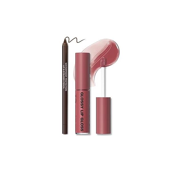 Nourishing Lip Gloss with Brown Liner Combo Set, Moisturizing High Shine Nude Glow Oil Fresh Lightweight Glossy Plumping for Women Long Wear Mini Liquid Lipstick Makeup#8