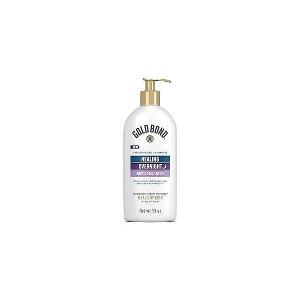 Gold Bond Healing Overnight Body & Face Lotion for Dry Skin, Nongreasy Moisturizer with Hyaluronic Acid, Aloe Melatonin Works While You Sleep, 13 oz.