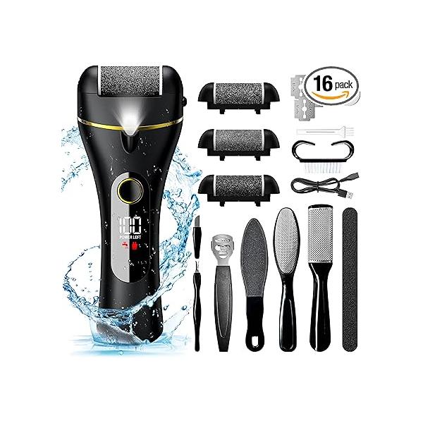 Electric Foot Callus Remover, 16 in 1 Rechargeable Pedicure Kit, Waterproof Scrubber Dead Skin Removal Tool with 3 Rollers & 2 Speeds for Feet Care, Battery Display - Black