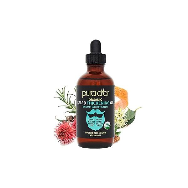 PURA D'OR 4 Oz Thickening Beard Oil - Moisturizing Blend with Rosemary, Biotin & Castor Increases Moisture, Thickness and Shine - Reduces Dryness Breakage