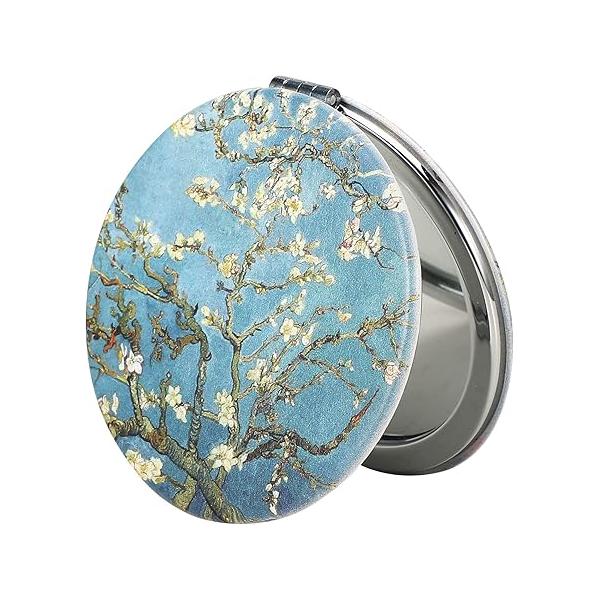 Dynippy Almond Blossom 2.75" Round Compact Mirror, 1X/2X Magnifying, Foldable, Portable, PU Leather & Metal, Home Office Personal Travel Mirrors