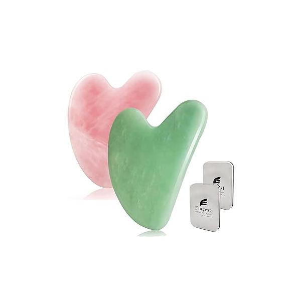 Flagest Gua Sha Facial Tools, Rose Quartz and Green Jade Stone Guasha Tool Manual Massage Sticks for Jawline Sculpting Puffiness Reducing