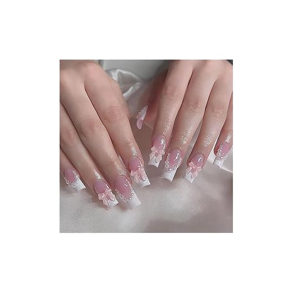 Long Coffin Press on Nails French Tip Green RIICFDD Fake 3D Water Ripple Designs Rhinestone Nail Charms Acrylic Full Cover Glue for Women and Girls Decoration 24 Pcs