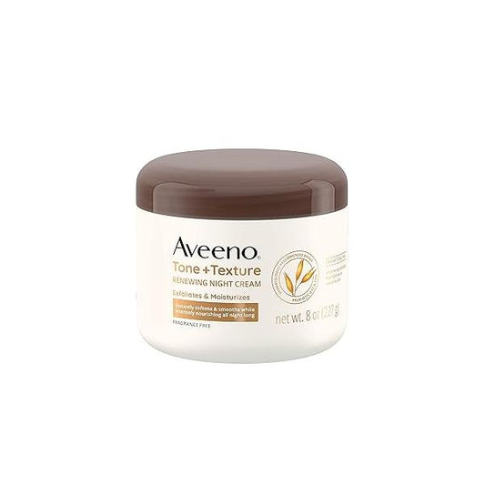Aveeno Tone + Texture Renewing Night Cream With Prebiotic Oat, Gentle Exfoliates & Moisturizes Sensitive Skin, Instantly Softens Smooths Intensely Nourishes, Fragrance-Free, 8 Oz