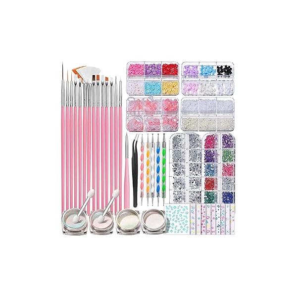 FANDAMEI Nail Art Brushes Set, Kits, 3D Charms Design Tools Kit, Set for Beginners ,Nail Dotting Tool, Rhinestones,Chrome Powder,Nail Stickers Decoration Kit