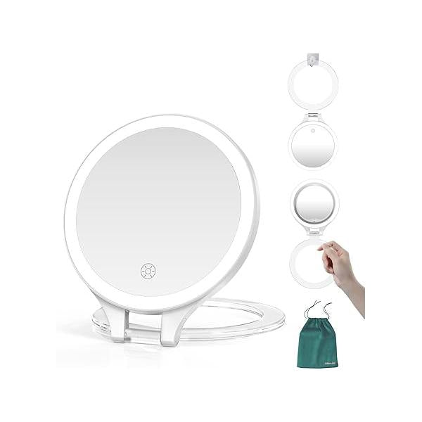 Mocado Travel Makeup Mirror with Light, 1X/20X Magnifying Double Sides 3 Color Dimmable Touch, 1500mAh Rechargeable Lighted Mirror(Pink)