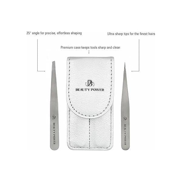 Precision Tweezers for Women Facial Hair & Men - Professional Set with Slant Point Tips, German Stainless Steel, PU Leather Travel Case, Lightweight Ultra Black