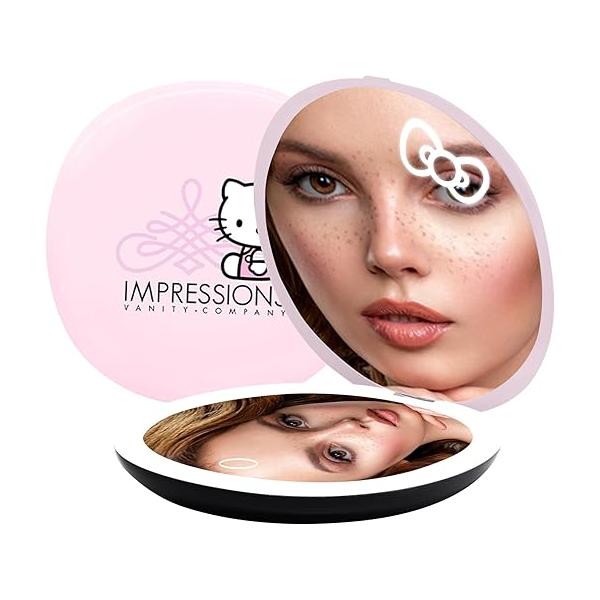 Impressions Vanity Hello Kitty Swirl Compact Mirror with Light, Double Sided Cute Travel Makeup Magnification, Daylight LED Lighting and Adjustable Brightness (Pink)