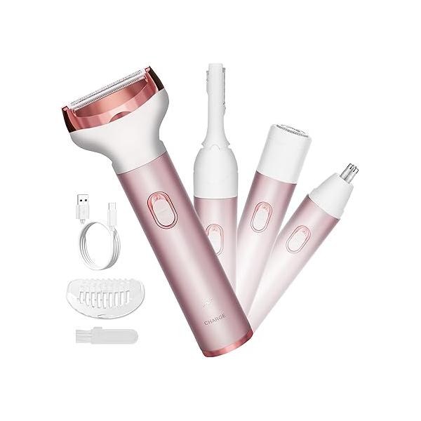 Electric Razor for Women Removal MKIOVH Women's Cordless Portable 4 in 1 Painless Shaver, for Body Face Shavers Nose Hair Trimmer Bikini Area Armpit Pubic Underarms Legs Eyebrow (Pink)