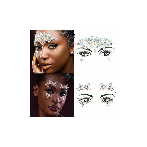 Face Crystal Stickers Mermaid Gems Stick on Rhinestone Eye Festival Temporary Body Jewels Glitter Adhesive Tattoos Rave Accessories for Women and Girls(2 Sheets)