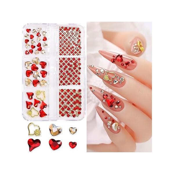 Red Heart Nail Charms Valentine's Art Rhinestones 3D Glitter Jewelry Gold Round Beads Flat Back Diamonds Design for Women Girls Craft Clothes Shoes Decoration 767Pcs