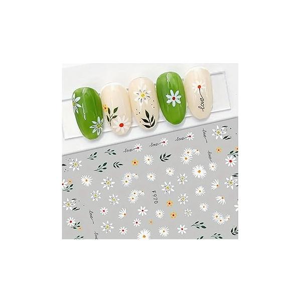 Flower Nail Art Stickers 3D 6 Sheets Spring Decals Self Adhesive Decorations Daisy Leaf Floral Design Cute Supplies for Women Manicure Accessories