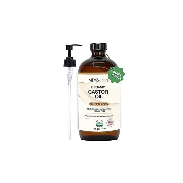 Niyavera 16oz Pure Castor Oil Organic Cold Pressed Unrefined, Hexane Free,Natural - Glass Bottle with Pump, USDA Certified, Golden oil for Skin, Hair, Lashes, Nails & More