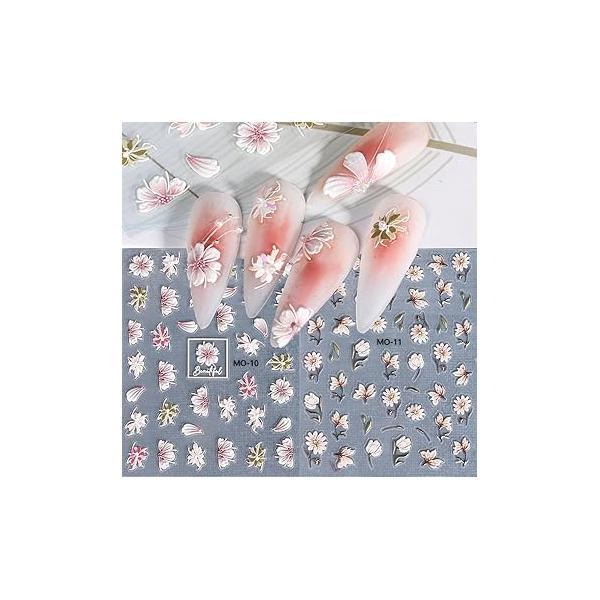 Flower Nail Art Stickers Decals Pink 5D Acrylic Engraved for 3D Self-Adhesive Supplies Camellia Tulip Nails Design Women Manicure