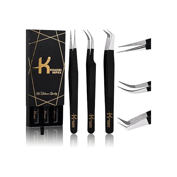 Eyelash Extension Tweezers Set - Straight, Curved & Volume Lash for Extensions (Black, Stainless Steel)
