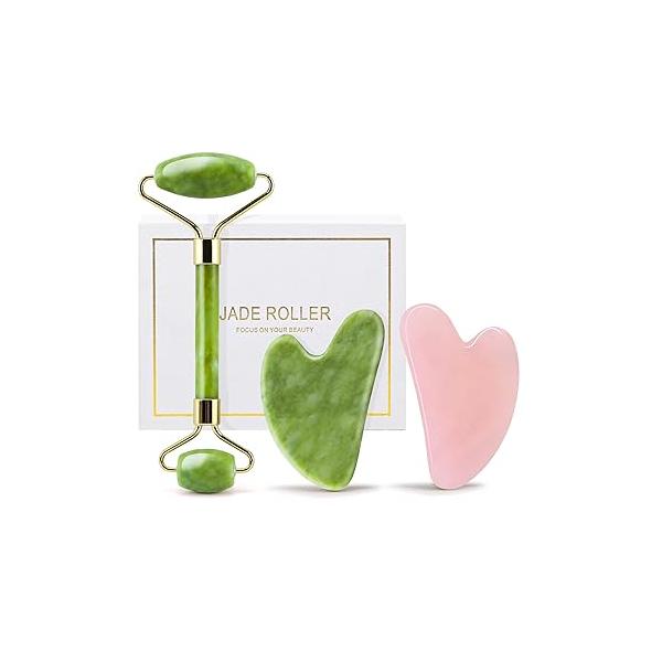 huefull Jade Roller & Gua Sha Set + Rose Quartz Guasha Tool - Perfect for Puffiness, Wrinkles, and Tension Relief, Ideal Self Care Valentine's Day Gift