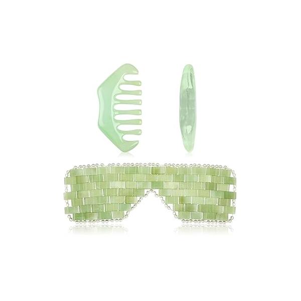 Hercicy 2 Pcs Jade Eye Mask and Hair Comb Set Green Stone White Facial Cooling Guasha Scalp Massage Tool for Relax Alleviate Puffiness Esthetician Supply (Classic Color)