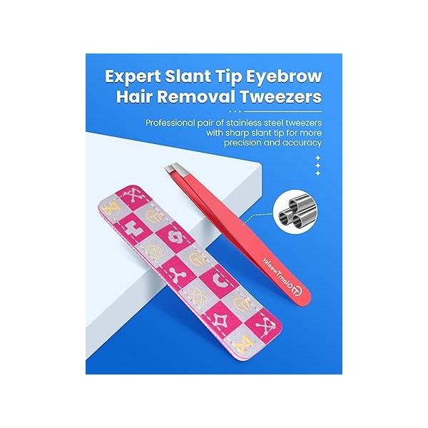 Expert Eyebrow Hair Removal Tweezer with Leather Case, GlamTweeler High Precision Slant Tip Stainless Steel Tweezers for Men and Women (Hot Pink)