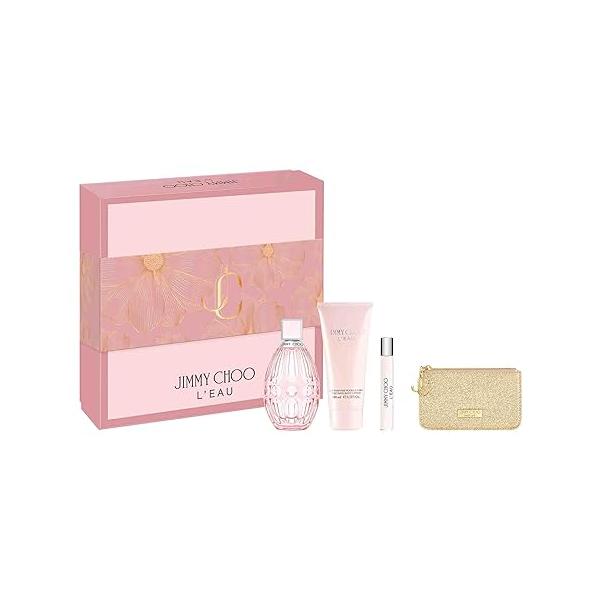 Jimmy Choo L'Eau Eau de Toilette 4 Piece Set - 3.3 & 0.25 fl. oz. Spray, Body Lotion, Pouch Long Lasting Fragrance with notes of Bergamot, Nectarine Cedarwood Fruity Musky