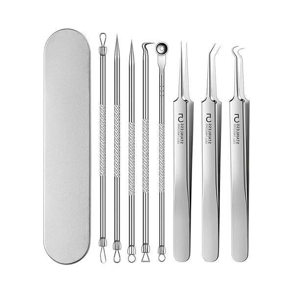 Fecong Tweezers, Stainless Steel Blackhead Removal Kit, Acssart Extractor, Pore Cleaner Tool, Gentle and Easy to Clean (8PCS Silver)