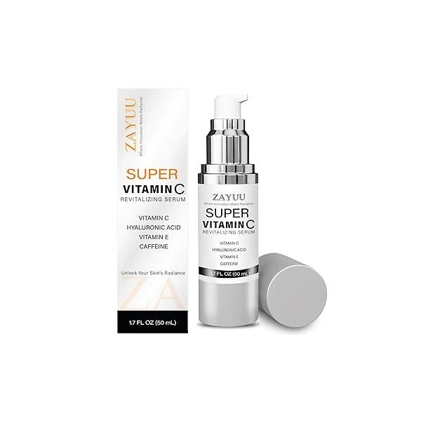 Super Vitamin C Face Serum for Mature Skin: All-In-One Hydrating Anti-Aging Formula - C, Hyaluronic Acid, E, Caffeine Lift Wrinkles, Dark Spots 1.7 fl. oz.