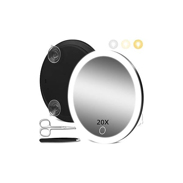 10X Magnifying Mirror with Lights, Magnified 3 Color Lights Adjustable Brightness, Rechargeable 6inch Travel Magnification Suction Cups - Includes Tweezers & Scissors