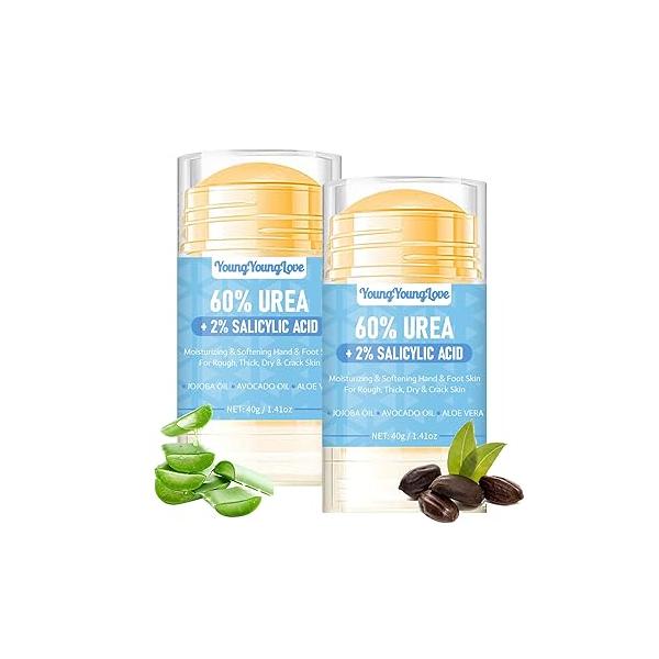 2 PCS Urea Cream 60% with 2% Salicylic Acid Foot & Hand Stick - Repair Balm for Cracked Hands, Elbows, Knees, Feet Heels, Calluses and Exfoliation, Hydrates Softens Dry Skin, 1.41*2 oz